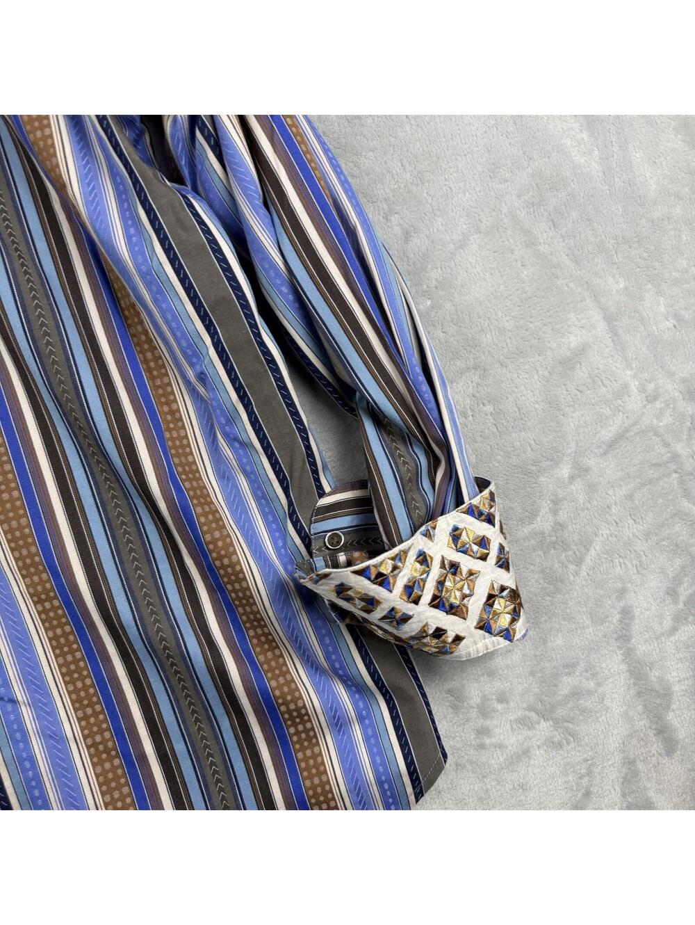 Robert Graham Striped Button Up Shirt Blue Brown Embroidered MenXL Preppy Luxury - Picture 10 of 12